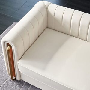 Contemporary Velvet Sofa Couch 84.25''W for Living Room - Modern Velvet Couch with Flared Arms and Removable Cushions, Living Room Furniture, Solid Wood Frame with Golden Legs - Beige