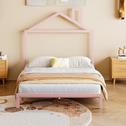 Bellemave Metal Full Bed for Kids, Girls Bed with House Shaped Headboard and Chiminey, Low Bed Frame with and Slats,Pink Bed Frame Full Size,No Box Spring Needed, Easy Assembly