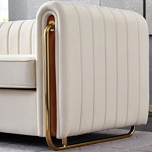 Contemporary Velvet Sofa Couch 84.25''W for Living Room - Modern Velvet Couch with Flared Arms and Removable Cushions, Living Room Furniture, Solid Wood Frame with Golden Legs - Beige