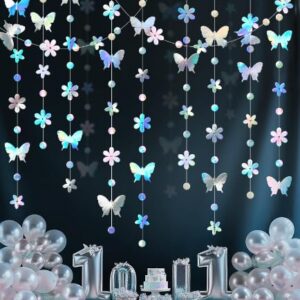 Goresory 2Piece Butterfly Flower Hanging Garlands 3D Laser Butterfly Streamers Decoration for Wedding Birthday Party Bridal Shower Baby Shower Decorations