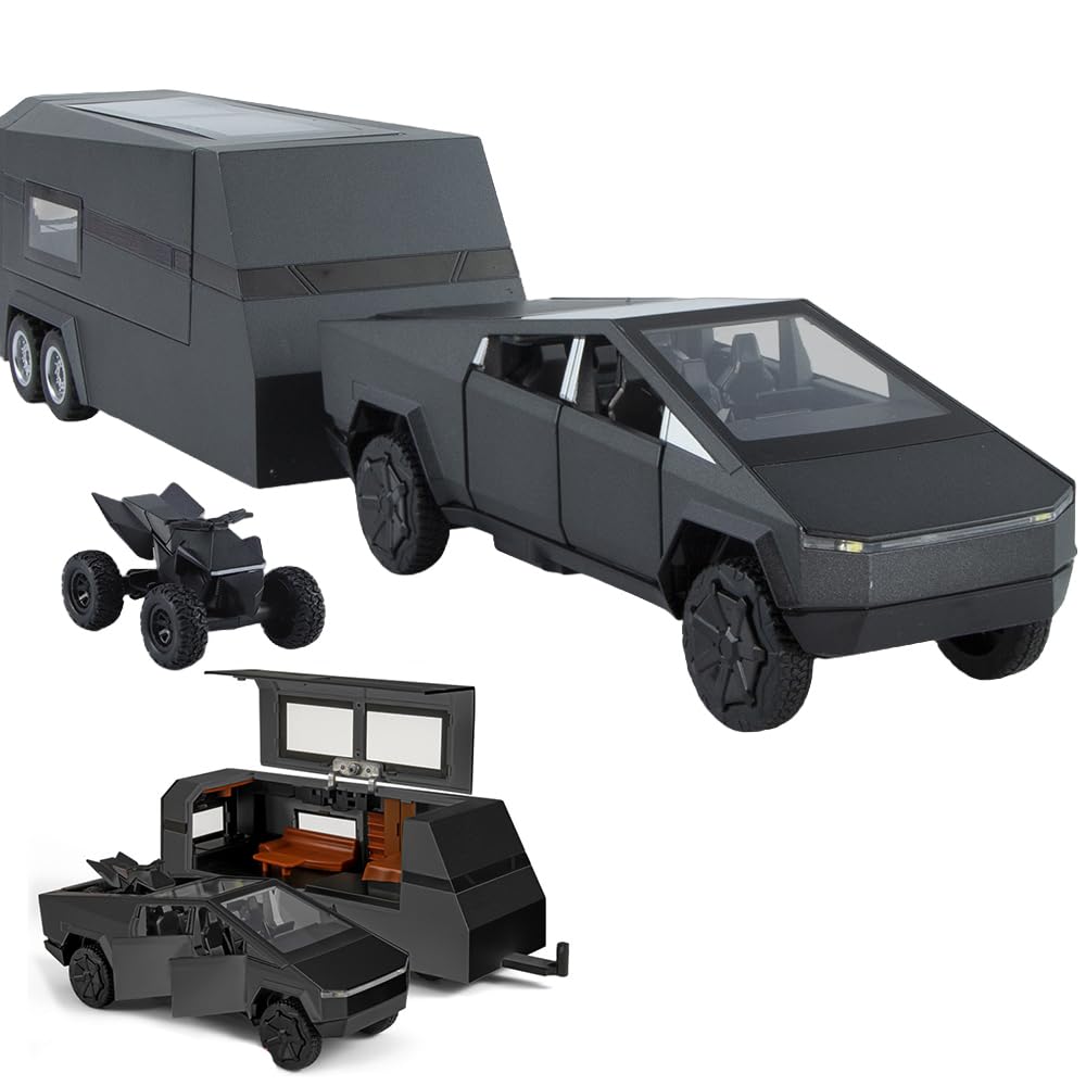 1/32 Diecast Pickup Trailer RV Model Toy Truck with Beach Motorcycle, Alloy Metal Pickup Truck Model Diecast Vehicles with Sound Light Pull Back, Birthday Gifts for Boys Adults (Dark Grey)