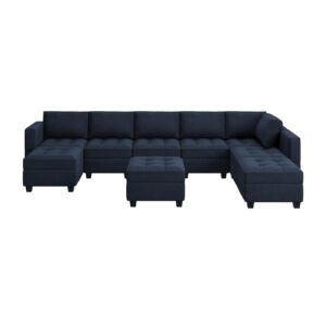 HONBAY U Shaped Modular Sectional Couch with Storage Velvet Sectional Couches for Living Room Blue