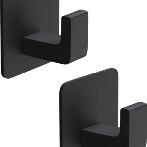 GWAAZXGZ Square Self Adhesive Towel Hooks - Matte Black Bathroom Hooks for Hanging Towel, Coats, Modern and Stylish Hooks for Bathrooms and Kitchen, 2 Pack