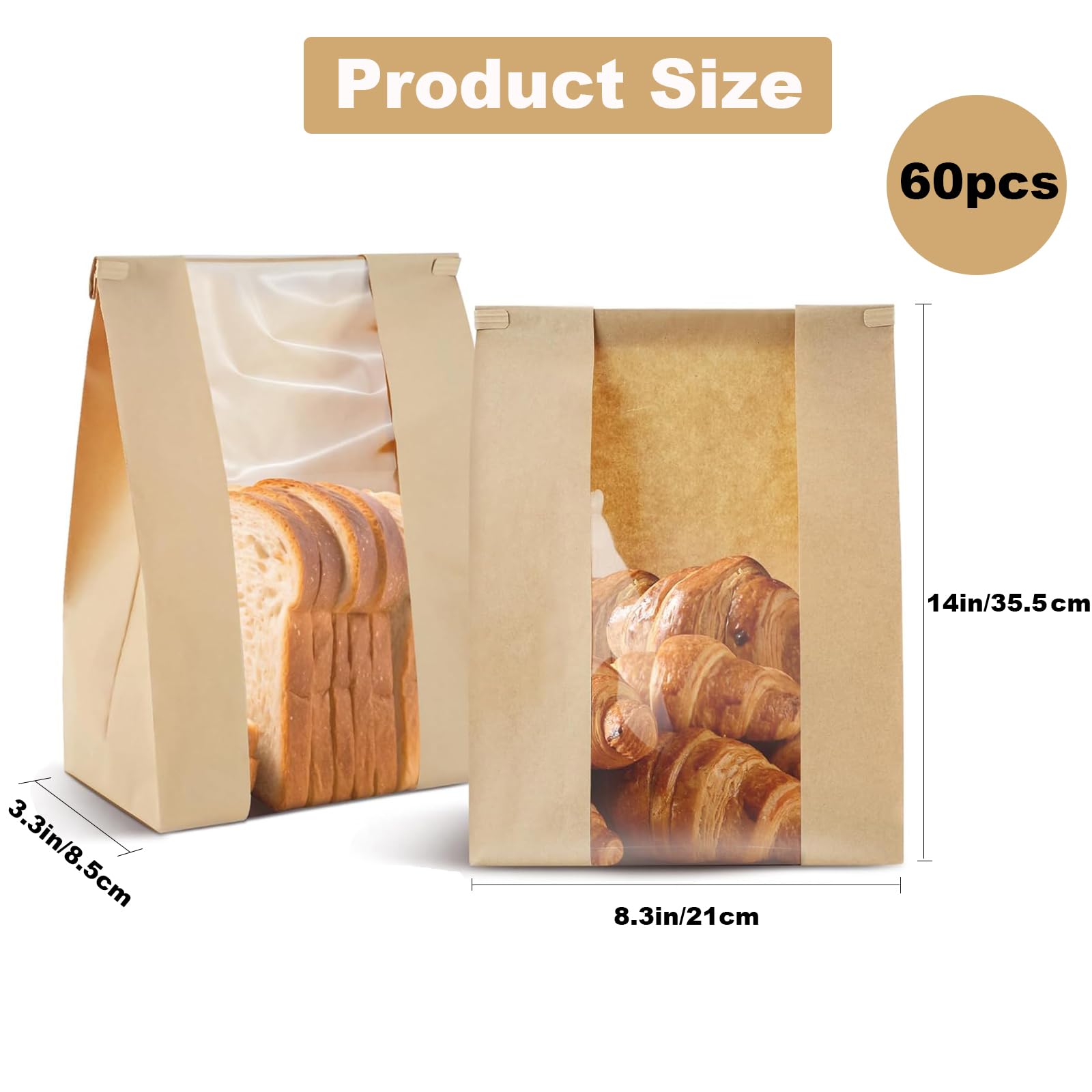 60 Pack Bread Bags for Homemade Bread Sourdough Bread Bags with Tin Strip Large Bakery Bags with Window Paper Bread bags