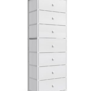 Tall Fabric Dresser for Bedroom, Vertical Storage Organizer Tower with 7 Drawers, Chest of Drawers with Bins, Steel Frame, Wood Top for Bedroom, Closet, Entryway White