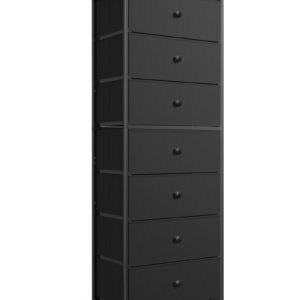 Tall Fabric Dresser for Bedroom, Vertical Storage Organizer Tower with 7 Drawers, Chest of Drawers with Bins, Steel Frame, Wood Top for Bedroom, Closet, Entryway Black