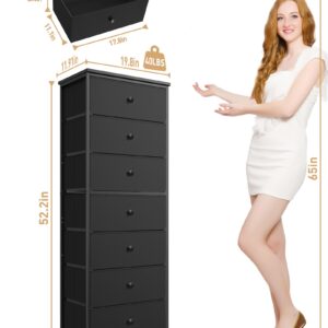 Tall Fabric Dresser for Bedroom, Vertical Storage Organizer Tower with 7 Drawers, Chest of Drawers with Bins, Steel Frame, Wood Top for Bedroom, Closet, Entryway Black