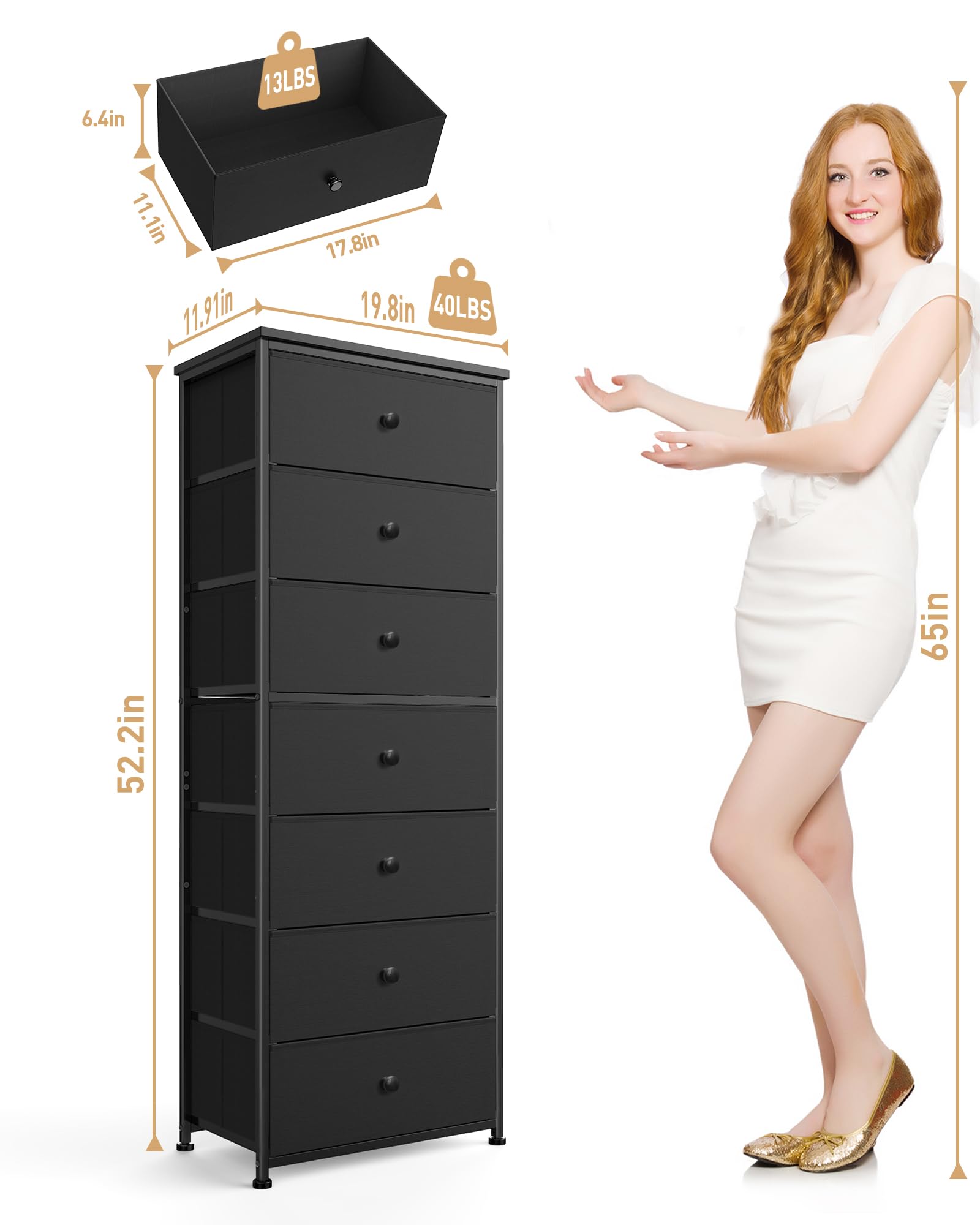 Tall Fabric Dresser for Bedroom, Vertical Storage Organizer Tower with 7 Drawers, Chest of Drawers with Bins, Steel Frame, Wood Top for Bedroom, Closet, Entryway Black