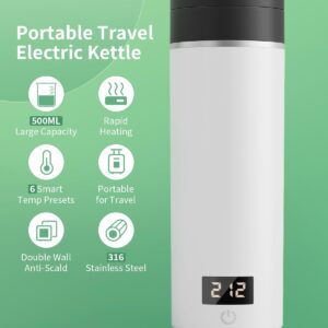 AIRMSEN Travel Electric Kettle with 6 Temperature Control, 4 Keep-Warm Modes - 500ml Portable Water Boiler Built-in 316 Stainless Steel - Mini Hot Water Kettle for Tea, Milk, Coffee - White