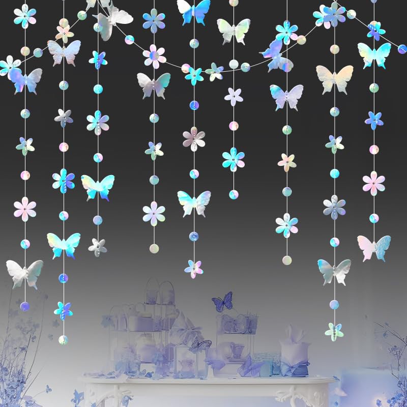 Goresory 2Piece Butterfly Flower Hanging Garlands 3D Laser Butterfly Streamers Decoration for Wedding Birthday Party Bridal Shower Baby Shower Decorations