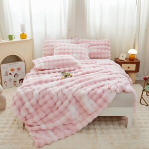 chovy Kids Girls Rabbit Plush Pink White Comforter Sets Twin/Full - 3PC Faux Fur Bed Set Skin Friendly Soft Warm Velvet Flannel Fluffy Fuzzy Bedding（Comforter x 1 Pillowcases x 2）