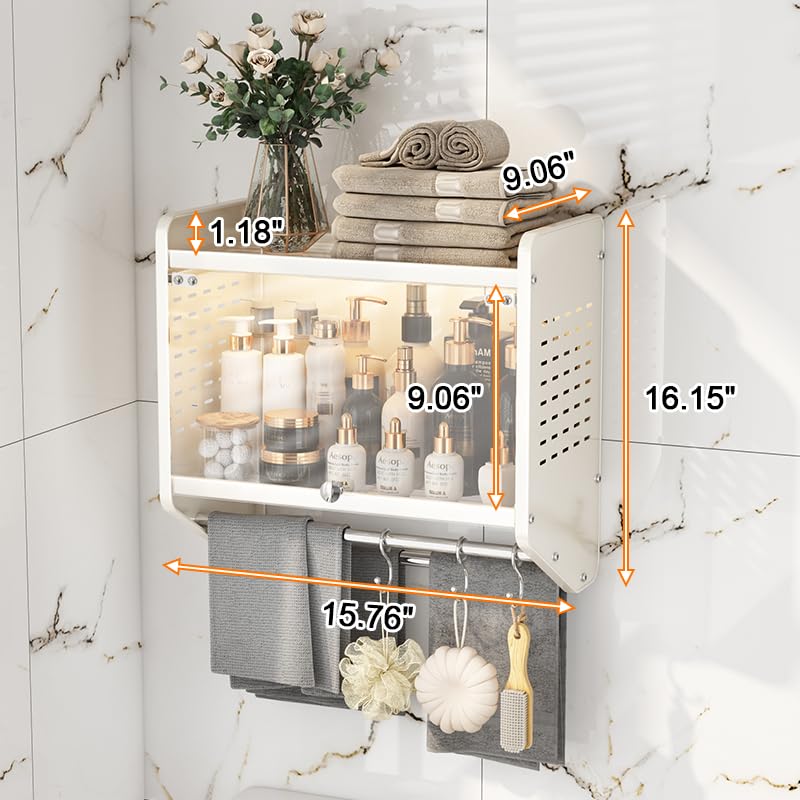 Bathroom cabinet storage box, wall mounted bathroom cabinet with 2 towel bars and detachable shelves, suitable for bathroom living room, laundry room, bedroom with 3 hooks (white, 15.8-inch large)