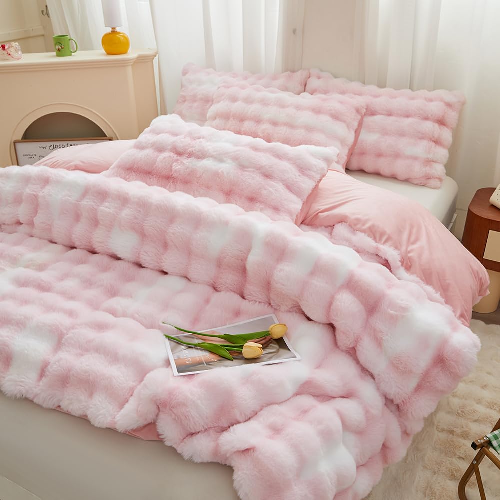 chovy Kids Girls Rabbit Plush Pink White Comforter Sets Twin/Full - 3PC Faux Fur Bed Set Skin Friendly Soft Warm Velvet Flannel Fluffy Fuzzy Bedding（Comforter x 1 Pillowcases x 2）