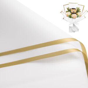 ruspepa 20 sheets flower wrapping paper - gold edge waterproof floral bouquet wrapping paper - florist supplies packaging paper for birthday, wedding and diy crafts - white