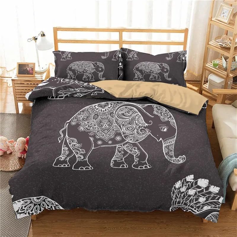 Elephant King Bedding Set Ethnic Duvet Cover 3-piece Set for Bedroom Decor Soft Microfiber Comforter Cover 104x90 Inches and 2 Pillowcases, with Zipper Closure and Ties