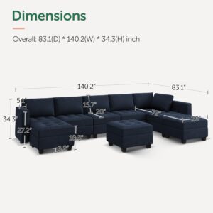 HONBAY U Shaped Modular Sectional Couch with Storage Velvet Sectional Couches for Living Room Blue