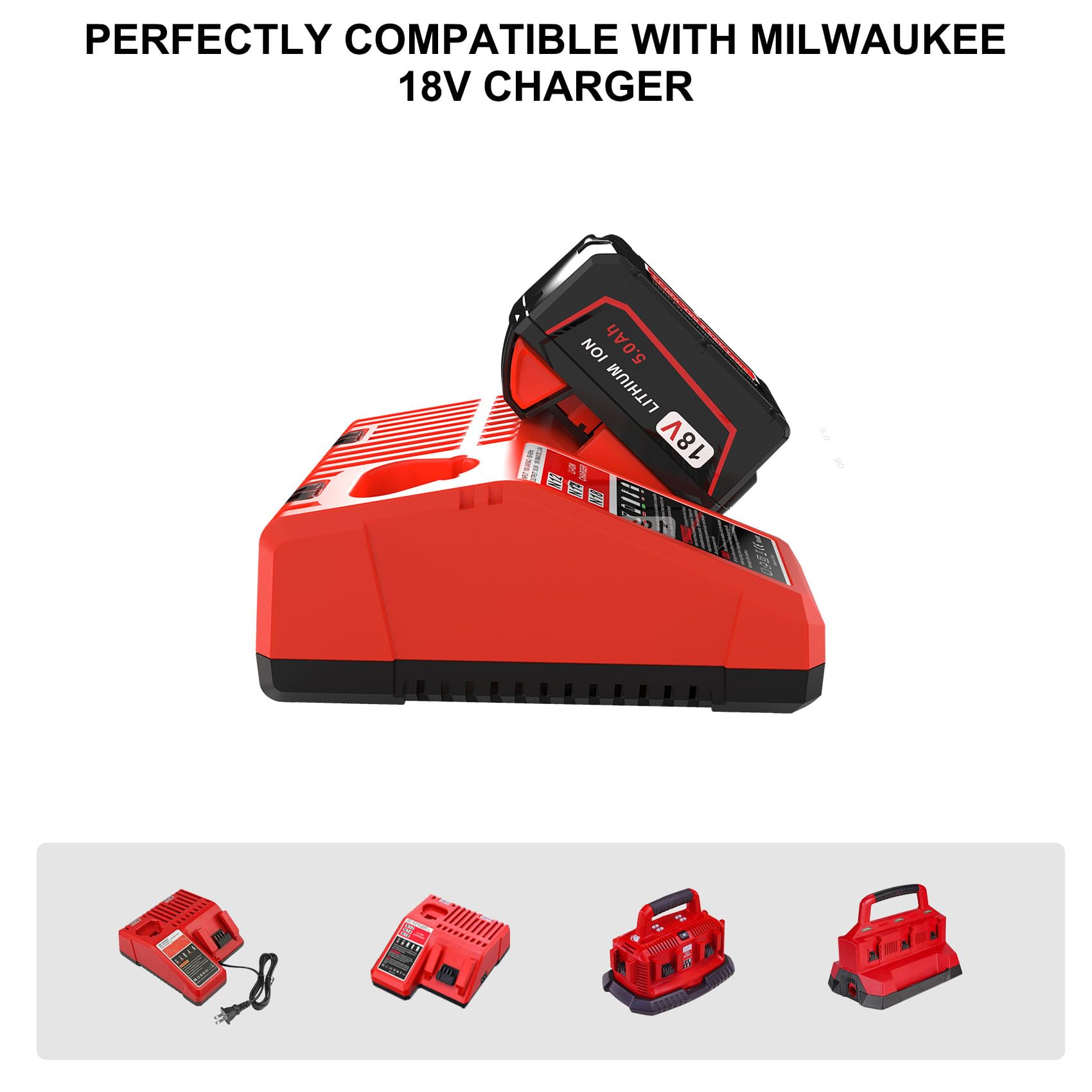 2Pack 5.0Ah 18V Replacement for Milwaukee M18 Battery, Replace for All Milwaukee m18 Battery 48-11-1850 48-11-1840 M18 M18B Cordless Power Tools Compatible with Milwaukee 18 Volt Original Charger