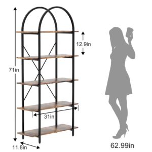 Arbuxzuy Arched Bookshelf 5 Tier Book Shelf, 31.5 Inch Width Industrial Arch Bookcase, Curved Tall Bookshelf with Open Shelves for Home Office, Living Room, Bedroom, Rustic Brown