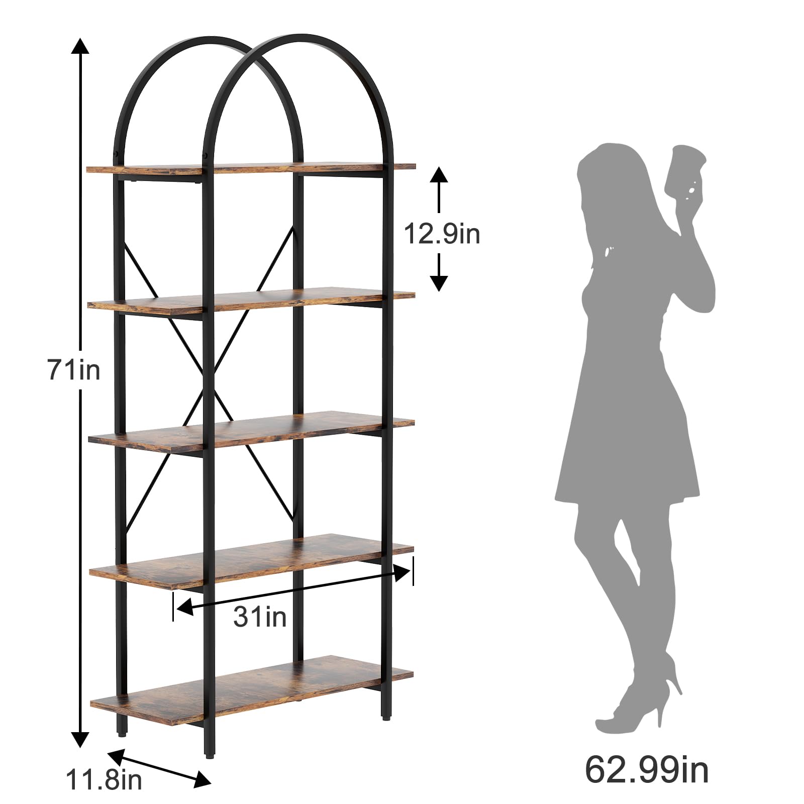 Arbuxzuy Arched Bookshelf 5 Tier Book Shelf, 31.5 Inch Width Industrial Arch Bookcase, Curved Tall Bookshelf with Open Shelves for Home Office, Living Room, Bedroom, Rustic Brown