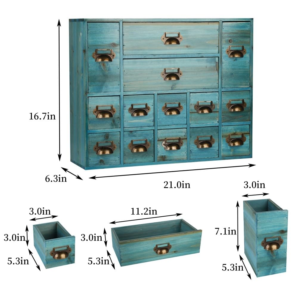 GoooodGift Apothecary Drawers Card Catalog Cabinet with 14 Drawers Wooden Card Catalog Wooden Storage Box for Desktop Organizer (Blue)