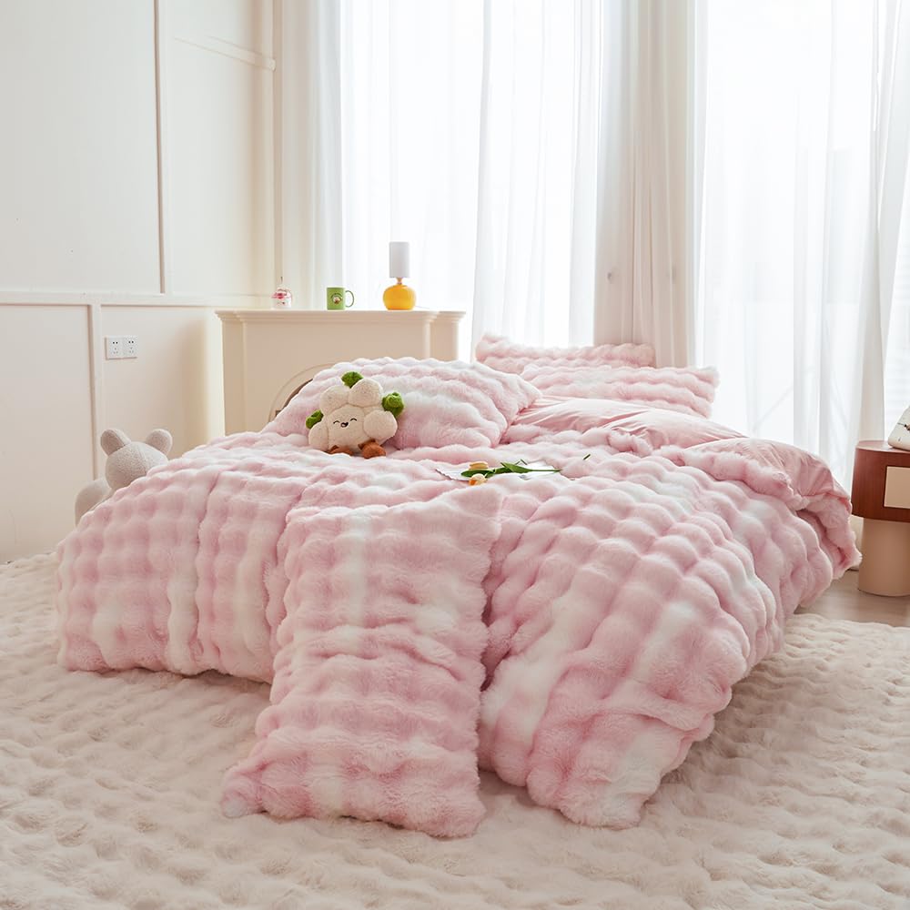 chovy Kids Girls Rabbit Plush Pink White Comforter Sets Twin/Full - 3PC Faux Fur Bed Set Skin Friendly Soft Warm Velvet Flannel Fluffy Fuzzy Bedding（Comforter x 1 Pillowcases x 2）