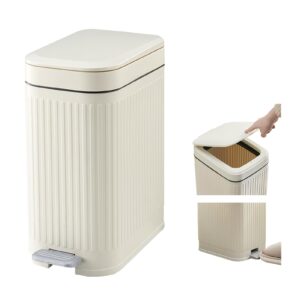 small bathroom trash can with lid, press-top lid & foot pedal 2-in-1 garbage can, 2.6 gal plastic wastebasket soft close, dog proof, slim step-on trash bin for kitchen, office, bedroom, dorm-white-10l