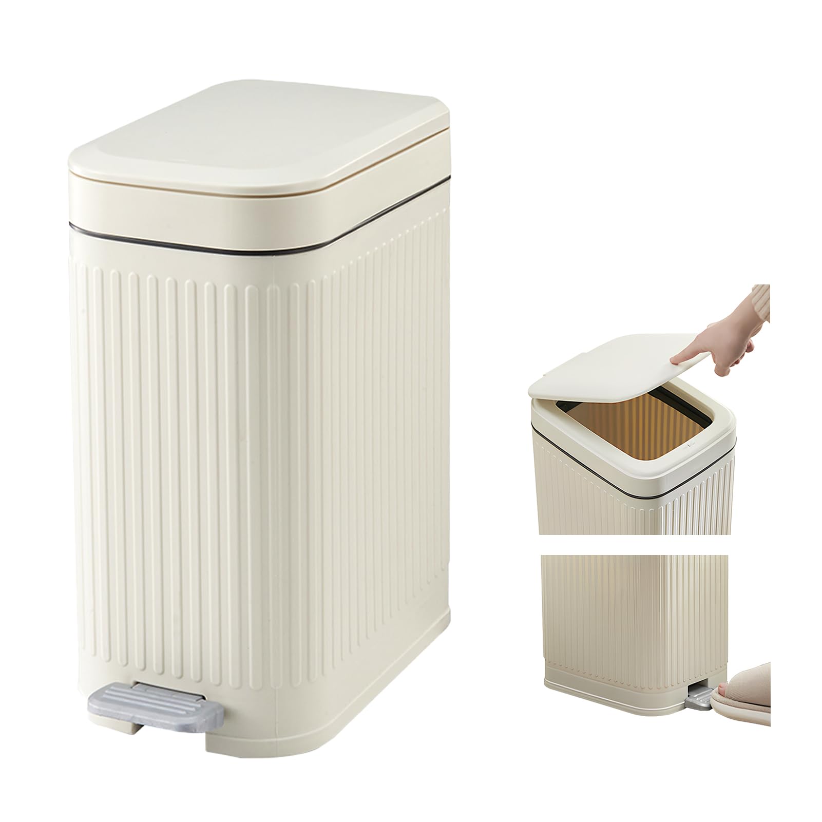 Small Bathroom Trash Can with Lid, Press-Top Lid & Foot Pedal 2-in-1 Garbage Can, 2.6 Gal Plastic Wastebasket Soft Close, Dog proof, Slim Step-On Trash Bin for Kitchen, Office, Bedroom, Dorm-White-10L