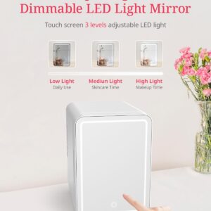 Oterbear 4L Mini Skincare Fridge, Makeup Fridge with Dimmable LED Light Mirror, Cooler and Warmer, Cosmetic Refrigerator for Bedroom, Office, Dorm and Car, White