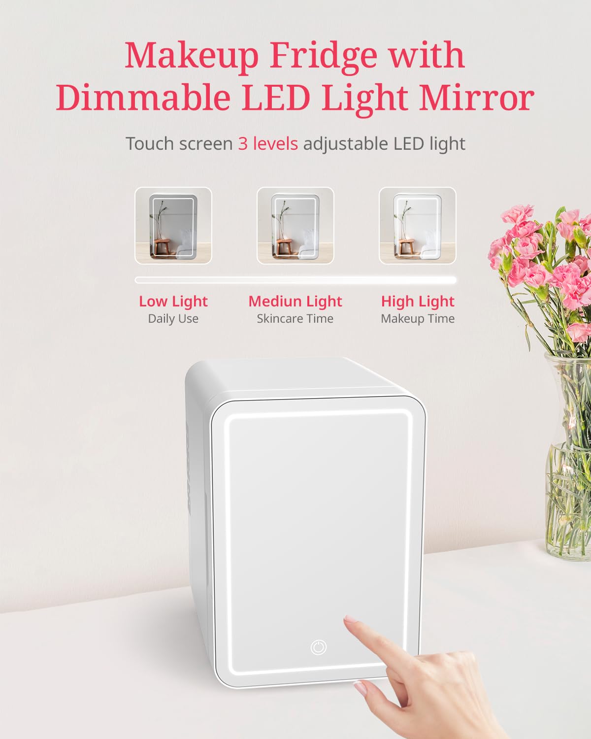 Oterbear 4L Mini Skincare Fridge, Makeup Fridge with Dimmable LED Light Mirror, Cooler and Warmer, Cosmetic Refrigerator for Bedroom, Office, Dorm and Car, White