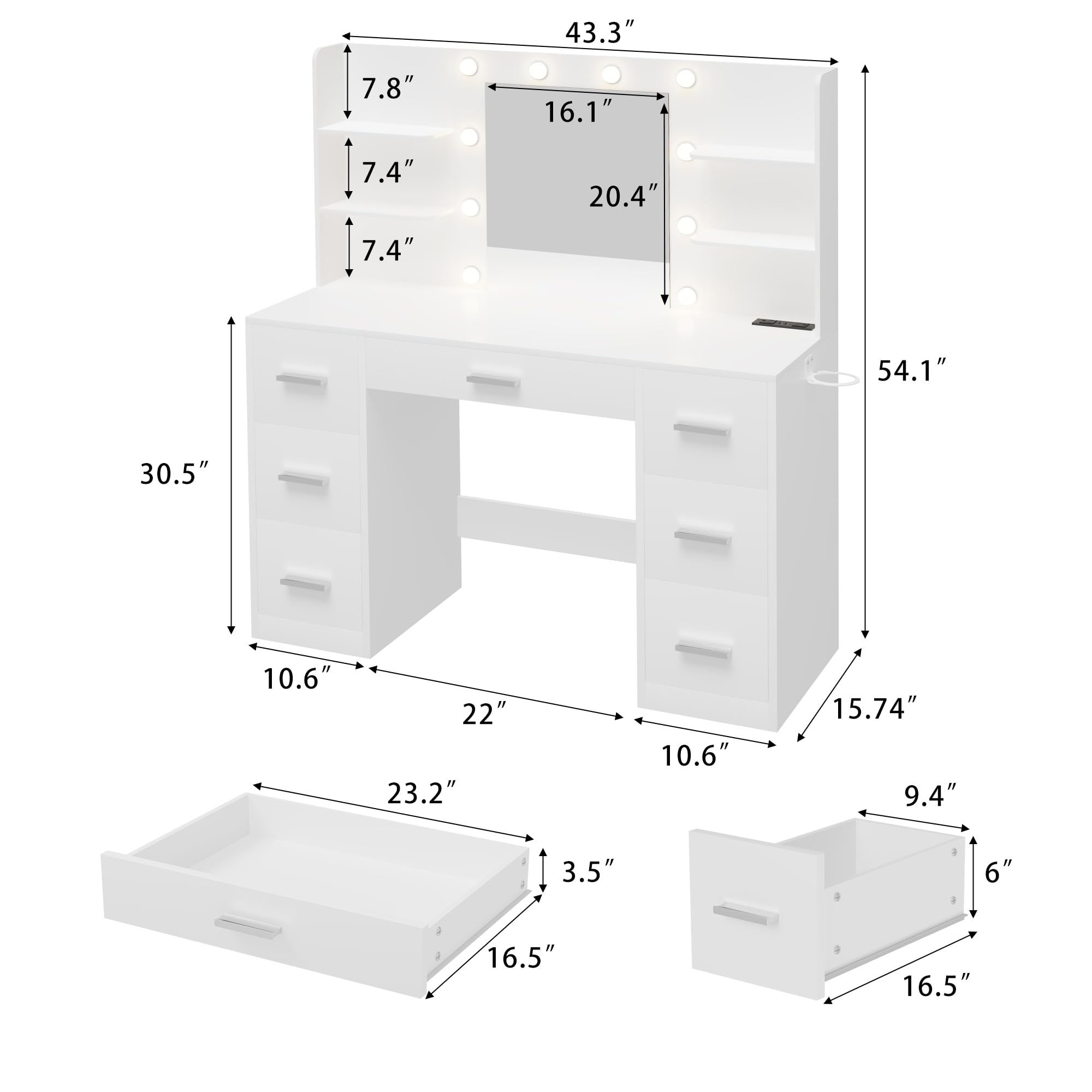 Furmax Vanity Desk with Mirror, LED Lights and Power Outlet Makeup Vanity Table with 7 Drawers and 6 Storage Shelves Dressing Table for Bedroom Dressing Room (White)