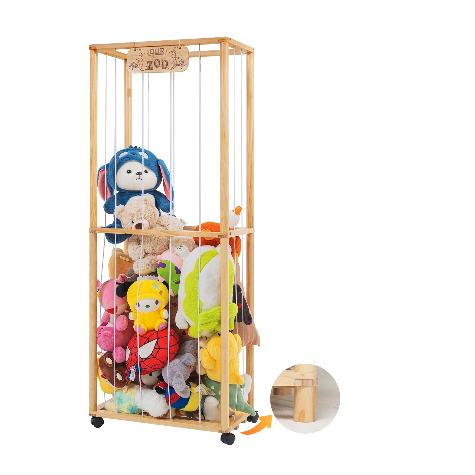 ear&ear Stuffed Animal Zoo Storage, Wood Extra Large Stuffed Animal Storage Basket, Stuffed Animal Organizer, Girls Boys Toy Organizer Holder(Comes with pulleys/wooden base)