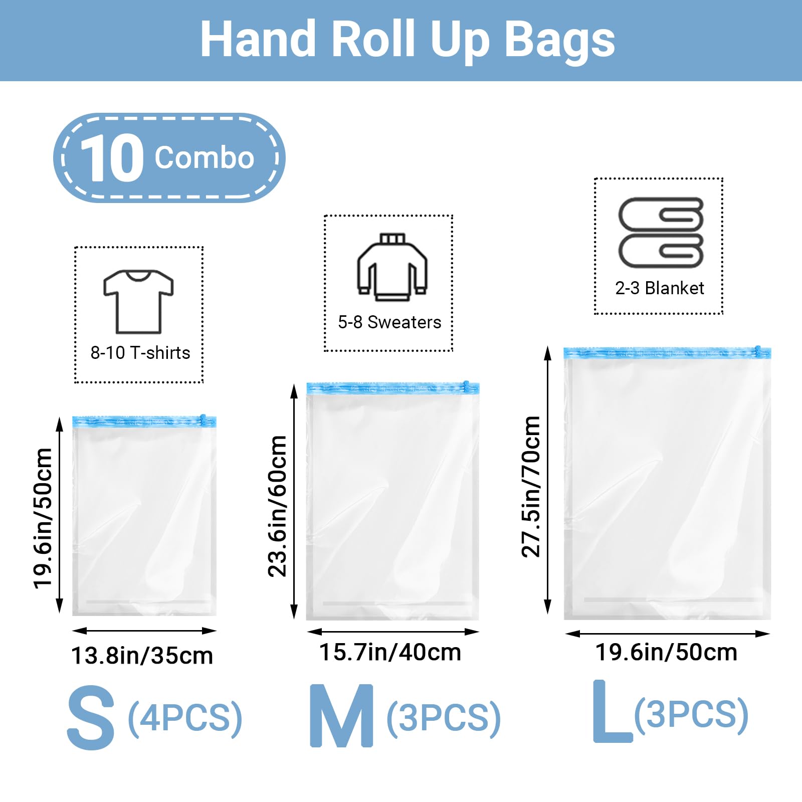 Svaldo Vacuum Storage Bags, 10 Combo (3 Large, 3 Medium, 4 Small), Compression Bags for Travel, Camping Essentials, Luggage Packing, Vacuum Seal Bags for Clothing, Blankets, No Vacuum or Pump Needed