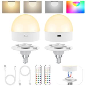 e12 rechargeable light bulbs with remote control timer and 15 color temperature,350lm,removable base,magnetically,battery operated light bulbs,usb fast charging,dimmer,for non-hardwired,2packs