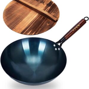 TKRADISH 13 Inch Chinese Hand Hammered Iron Wok and Stir Fry Pans with Wooden Handle and Lid Round Bottom Wok Pan Non-stick No Coating Ideal for Home Use and Gift Giving