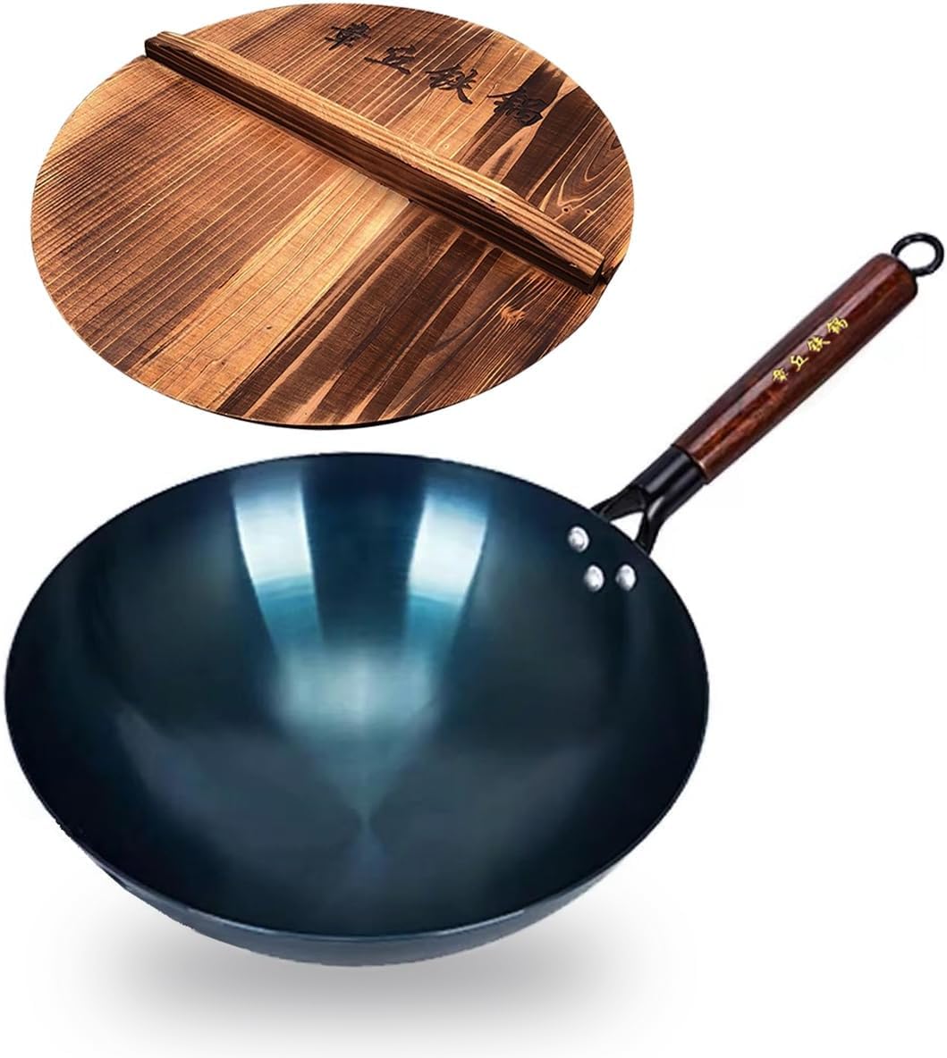 TKRADISH 13 Inch Chinese Hand Hammered Iron Wok and Stir Fry Pans with Wooden Handle and Lid Round Bottom Wok Pan Non-stick No Coating Ideal for Home Use and Gift Giving