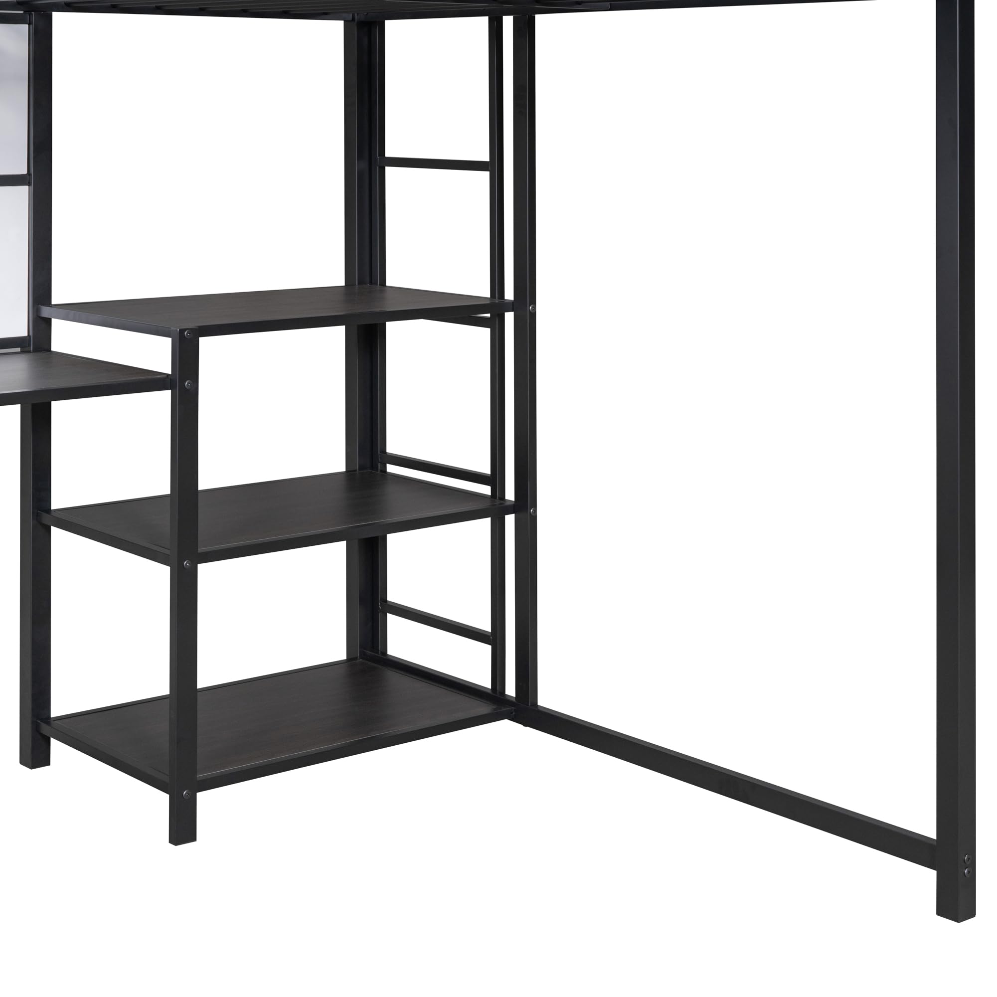 Full Size Loft Bed with Desk and Storage Shelves, Metal Loft Bed Full Size with Whiteboard and 3-Tier Shelves, Full Size Loft Bed for Kids, Teens (Black Full)