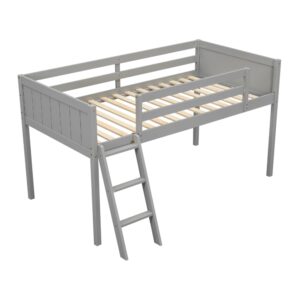 Twin Size Low Loft Bed for Kids,Solid Wood Low Loft Bed with Safety Ladder,Kids Loft Bed Frame Twin Size with Guardrail,Space Saving Loft Bed for Girls Boys (Gray)