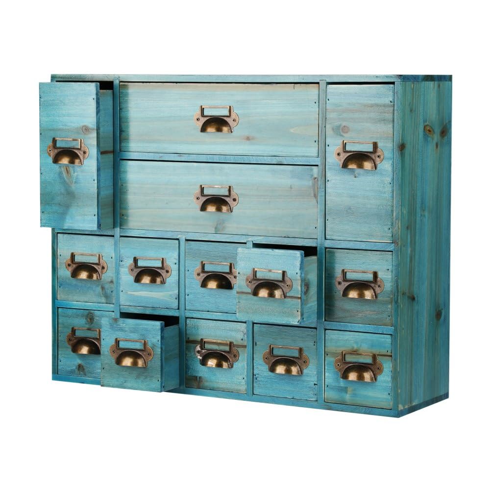 GoooodGift Apothecary Drawers Card Catalog Cabinet with 14 Drawers Wooden Card Catalog Wooden Storage Box for Desktop Organizer (Blue)