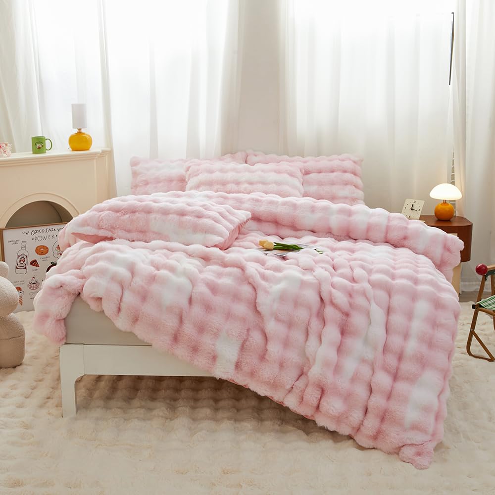 chovy Kids Girls Rabbit Plush Pink White Comforter Sets Twin/Full - 3PC Faux Fur Bed Set Skin Friendly Soft Warm Velvet Flannel Fluffy Fuzzy Bedding（Comforter x 1 Pillowcases x 2）