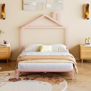 Bellemave Metal Full Bed for Kids, Girls Bed with House Shaped Headboard and Chiminey, Low Bed Frame with and Slats,Pink Bed Frame Full Size,No Box Spring Needed, Easy Assembly