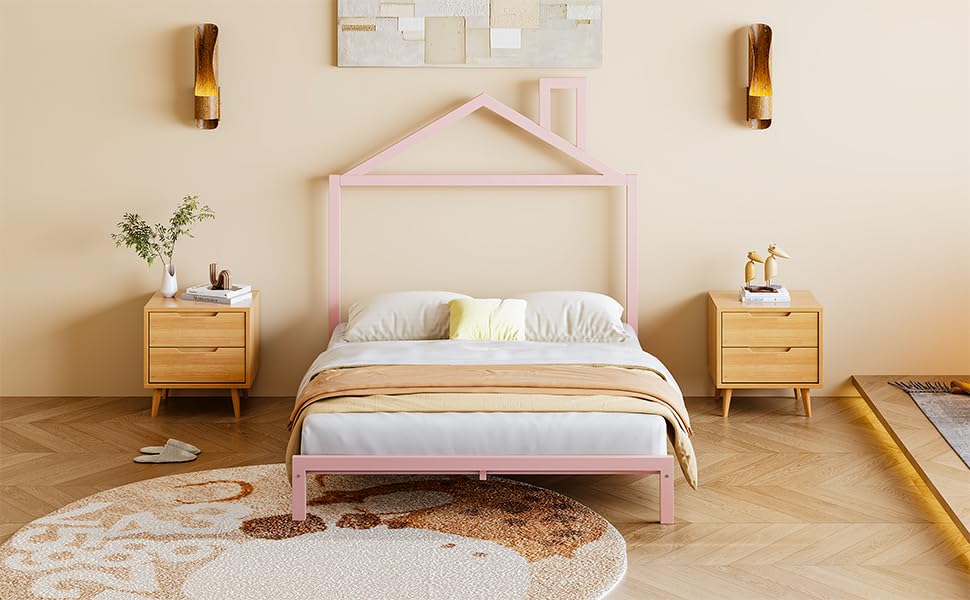 Bellemave Metal Full Bed for Kids, Girls Bed with House Shaped Headboard and Chiminey, Low Bed Frame with and Slats,Pink Bed Frame Full Size,No Box Spring Needed, Easy Assembly