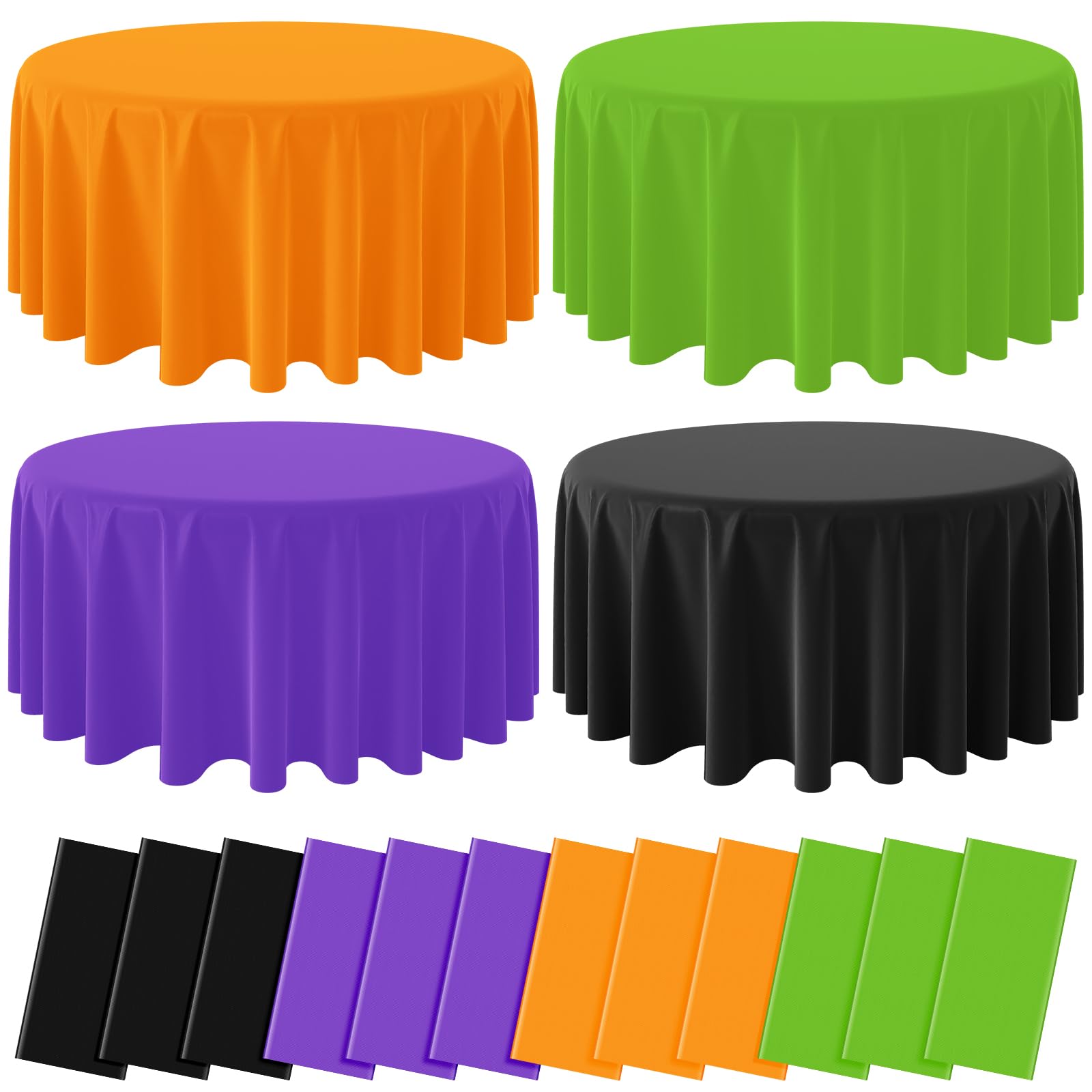 MASHAN 12Pcs Round Halloween Tablecloth Plastic Orange Black Purple Green Table Cloths Disposable Round Table Covers for Halloween Witch Vampire Party Decorations, 84inch