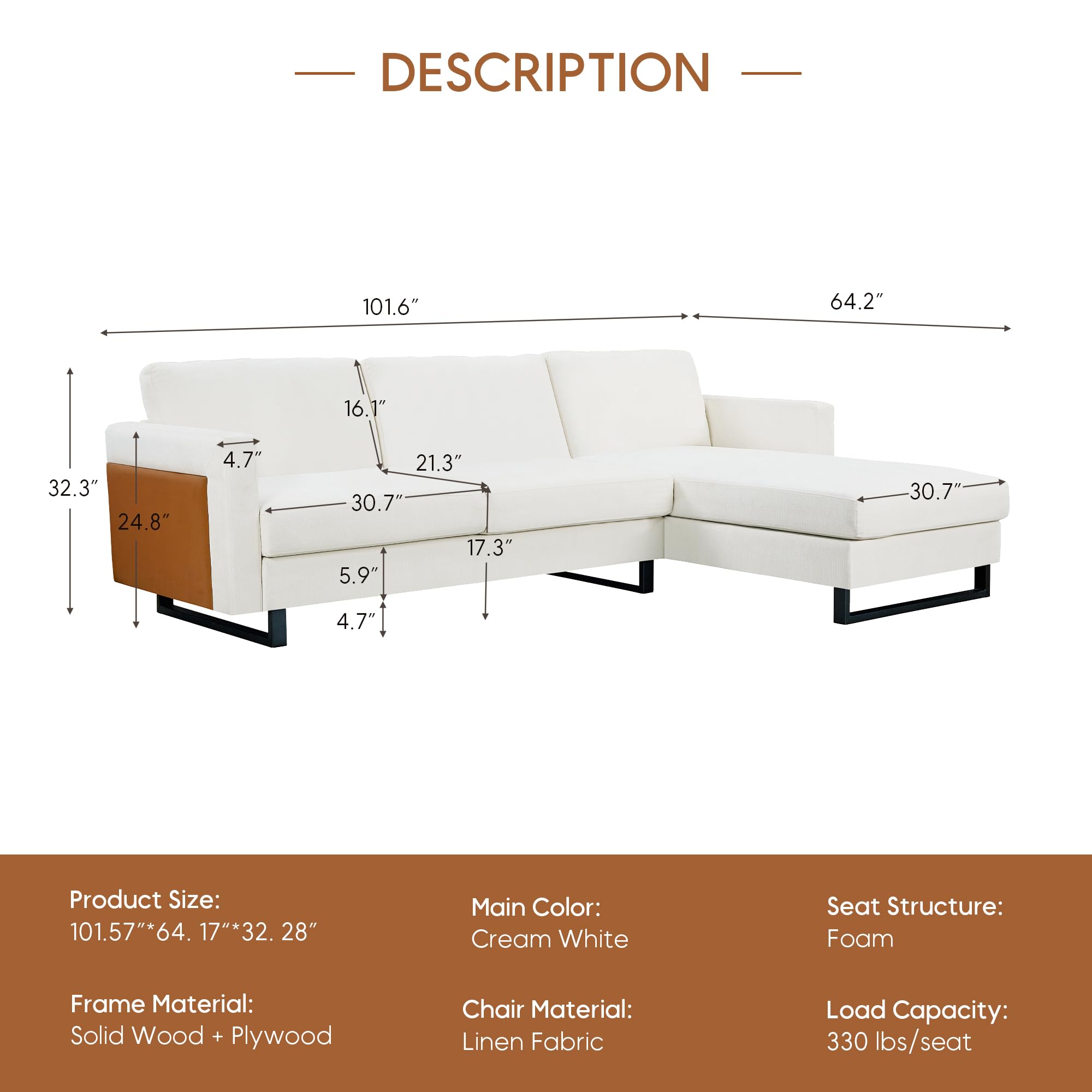 Yoglad Modern L Shaped, 3 Seater Couch with Reversible Chaise, Comfy Deep Seat Sectional Sofa with USB Charging Port for Apartment, Living Room, and Office (Cream White)