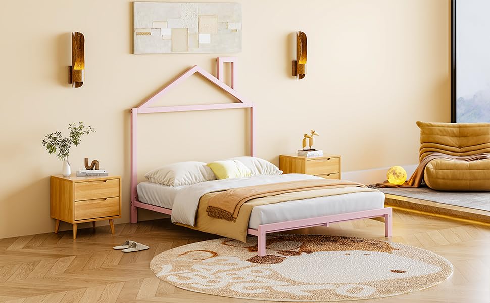 Bellemave Metal Full Bed for Kids, Girls Bed with House Shaped Headboard and Chiminey, Low Bed Frame with and Slats,Pink Bed Frame Full Size,No Box Spring Needed, Easy Assembly