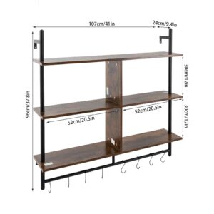 HOLMZCED 3 Tiers Wood Floating Shelving with Hooks, Industrial Wall Mounted Shelf Modern Wall Shelves Hanging Vintage Display Storage Shelf for Living Room Bathroom Bedroom Kitchen Coffee Bar