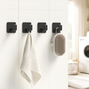 GWAAZXGZ Square Self Adhesive Towel Hooks - Matte Black Bathroom Hooks for Hanging Towel, Coats, Modern and Stylish Hooks for Bathrooms and Kitchen, 2 Pack