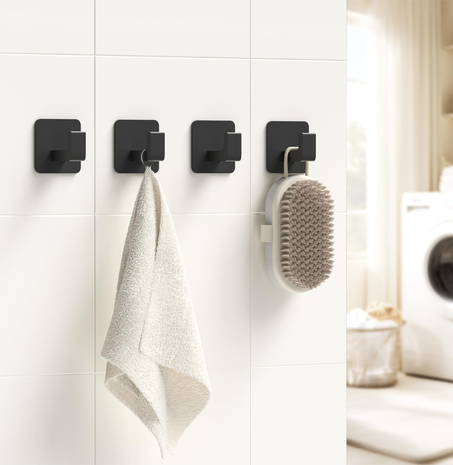 GWAAZXGZ Square Self Adhesive Towel Hooks - Matte Black Bathroom Hooks for Hanging Towel, Coats, Modern and Stylish Hooks for Bathrooms and Kitchen, 2 Pack