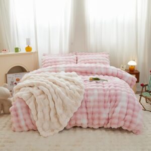 chovy Kids Girls Rabbit Plush Pink White Comforter Sets Twin/Full - 3PC Faux Fur Bed Set Skin Friendly Soft Warm Velvet Flannel Fluffy Fuzzy Bedding（Comforter x 1 Pillowcases x 2）