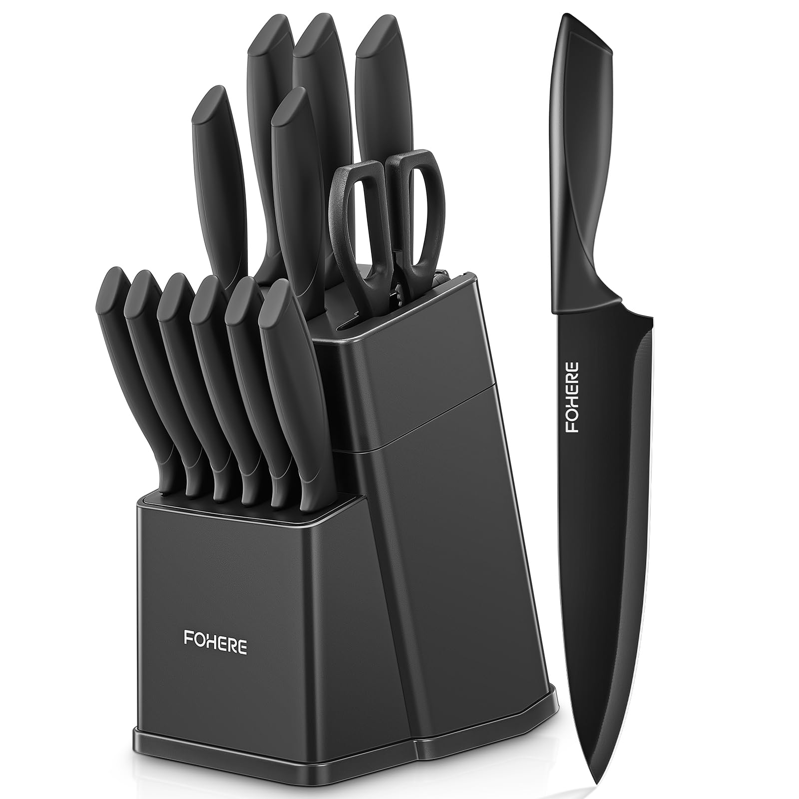 Knife Block Set, FOHERE 13 Pcs Self Sharpening Knife Set, High Carbon Stainless Steel BO Oxidation Knife Set with Anti-slip Handle, Dishwasher Safe, Matte Gray