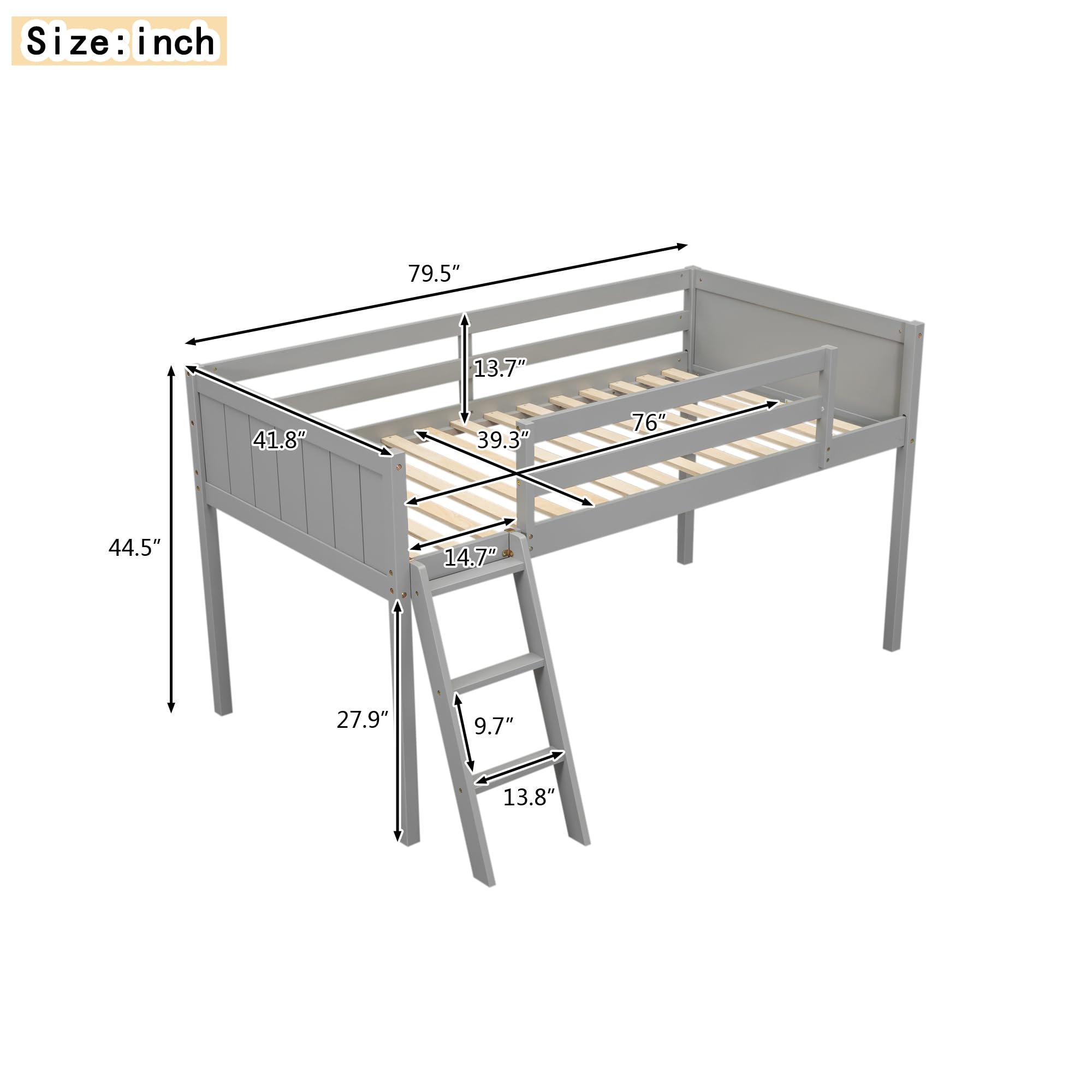 Twin Size Low Loft Bed for Kids,Solid Wood Low Loft Bed with Safety Ladder,Kids Loft Bed Frame Twin Size with Guardrail,Space Saving Loft Bed for Girls Boys (Gray)